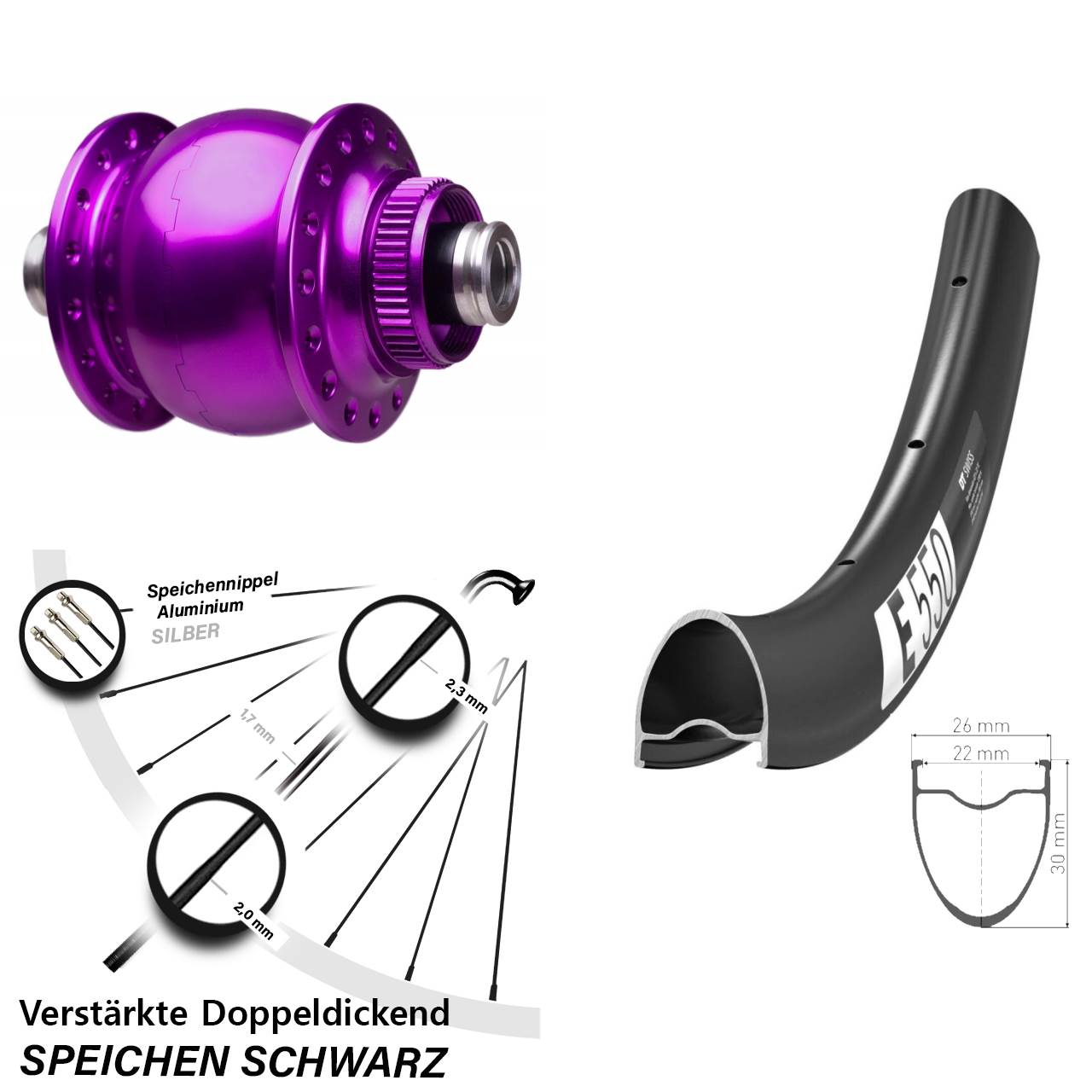 28 Zoll DT Swiss E550 SON 28 violett Disc Nabendynamovorderrad 12x100