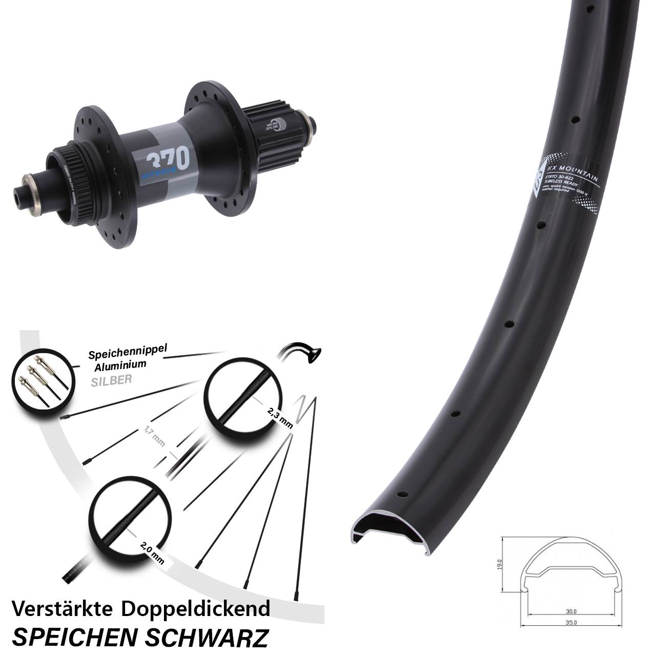 Boost Disc Hinterrad QR 29 Zoll KX Mountain DT Swiss 370 Hybrid Micro Spline