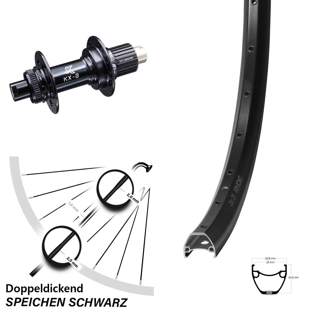 Ryde ZAC 25 KX-B 28-29 Zoll Hinterrad Centerlock 12x148 Shimano Micro Spline