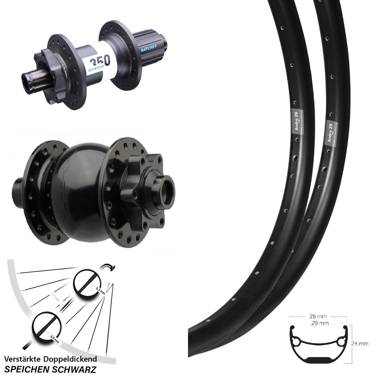 Ryde Andra 29 Zoll DT Swiss 350 Hybrid 6-Loch SON 28 Laufradsatz 15x110 12x148 8-11 fach