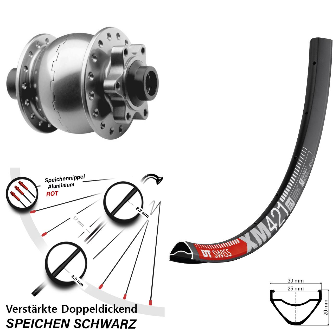 Nabendynamovorderrad 6-Loch 15x100 27,5 Zoll DT Swiss XM 421 SON 28