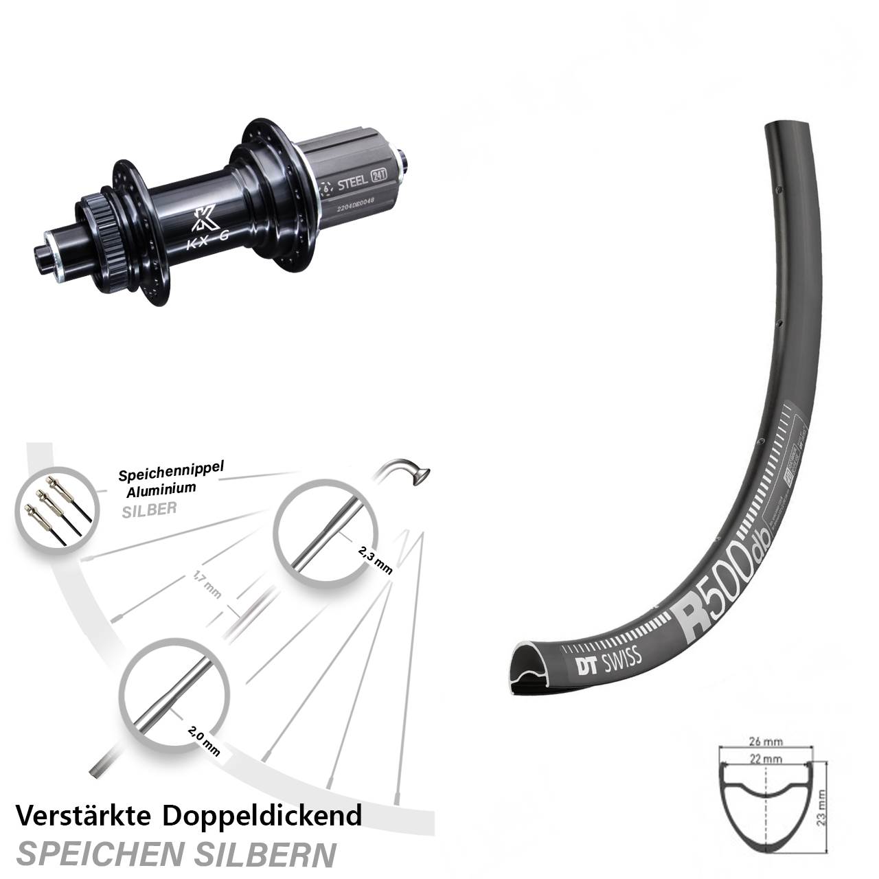 DT Swiss R 500 Disc Hinterrad 28 Zoll KX-GS Nabe 5x135 mm Centerlock 8-12 fach