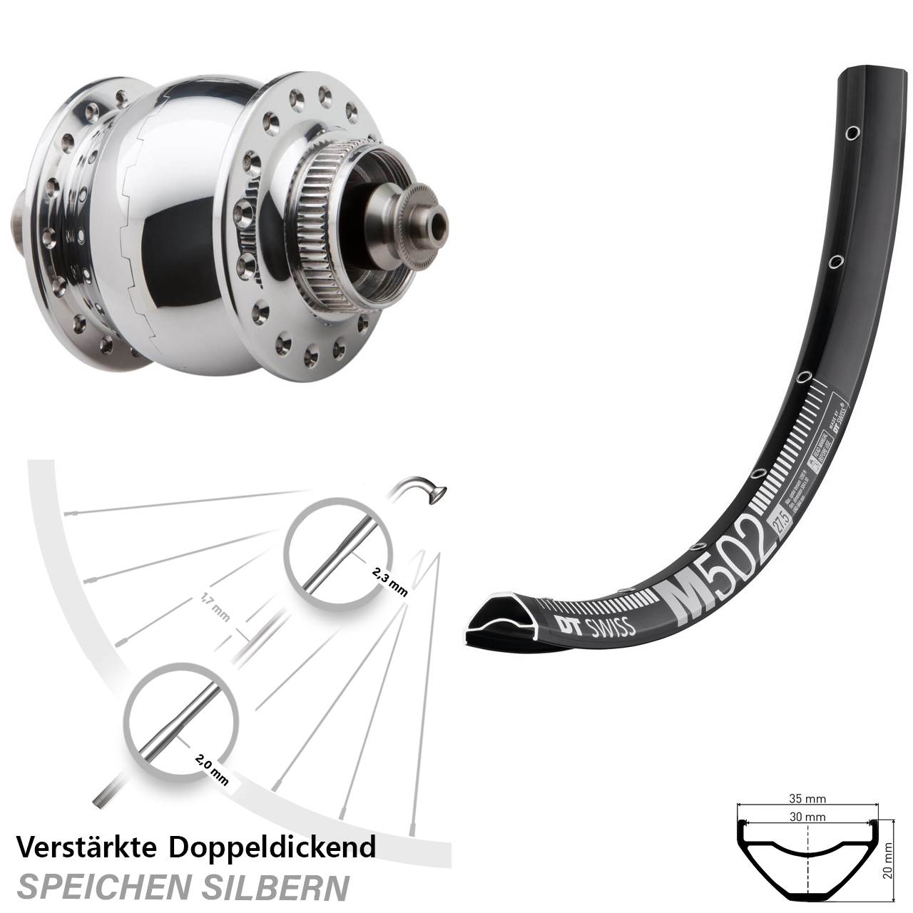 Disc Vorderrad mit Nabendynamo QR 27,5 Zoll DT Swiss M 502 SON delux