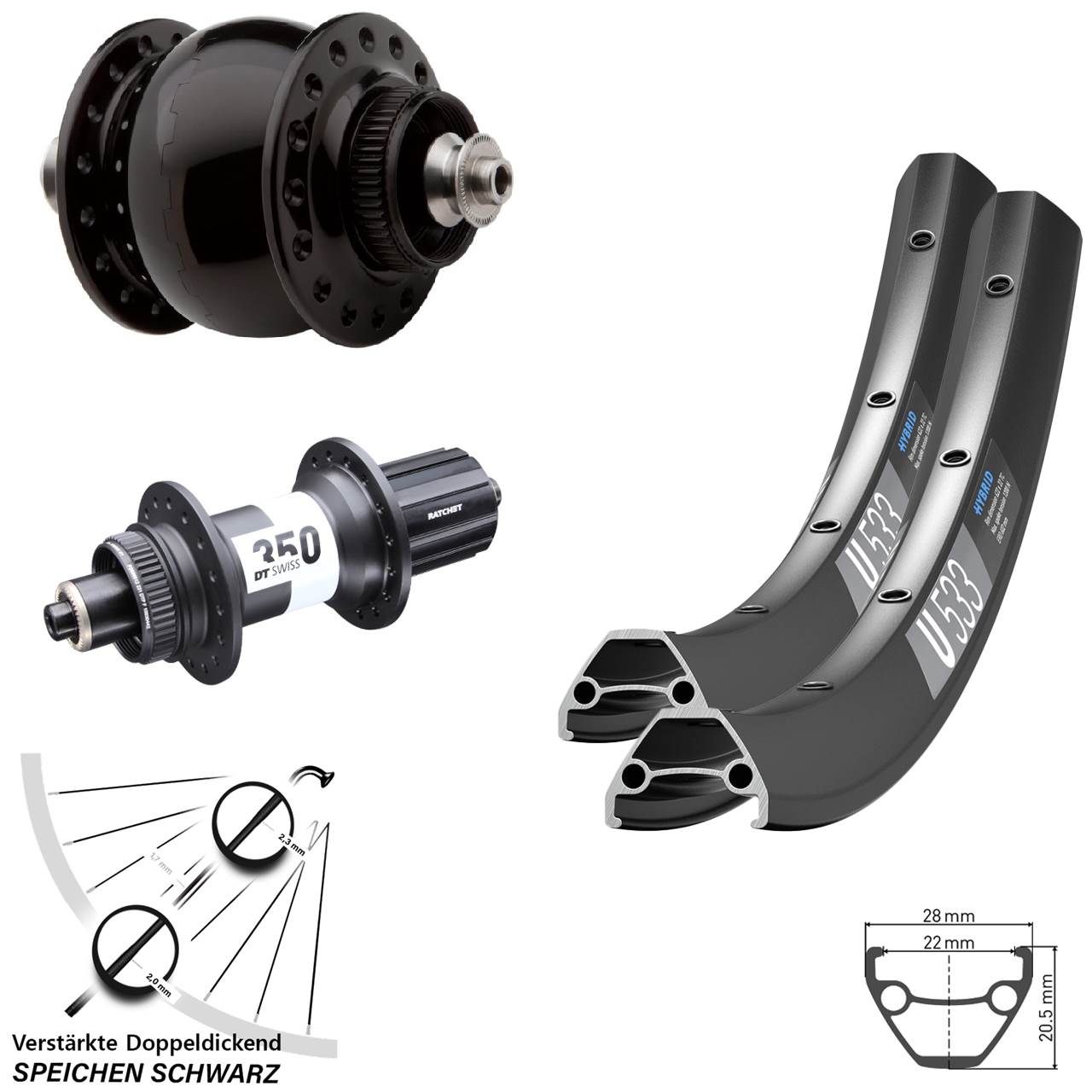 DT Swiss U533-350 SON delux 26 Zoll Disc Laufrad-Satz für Schnellspanner 8-11 fach
