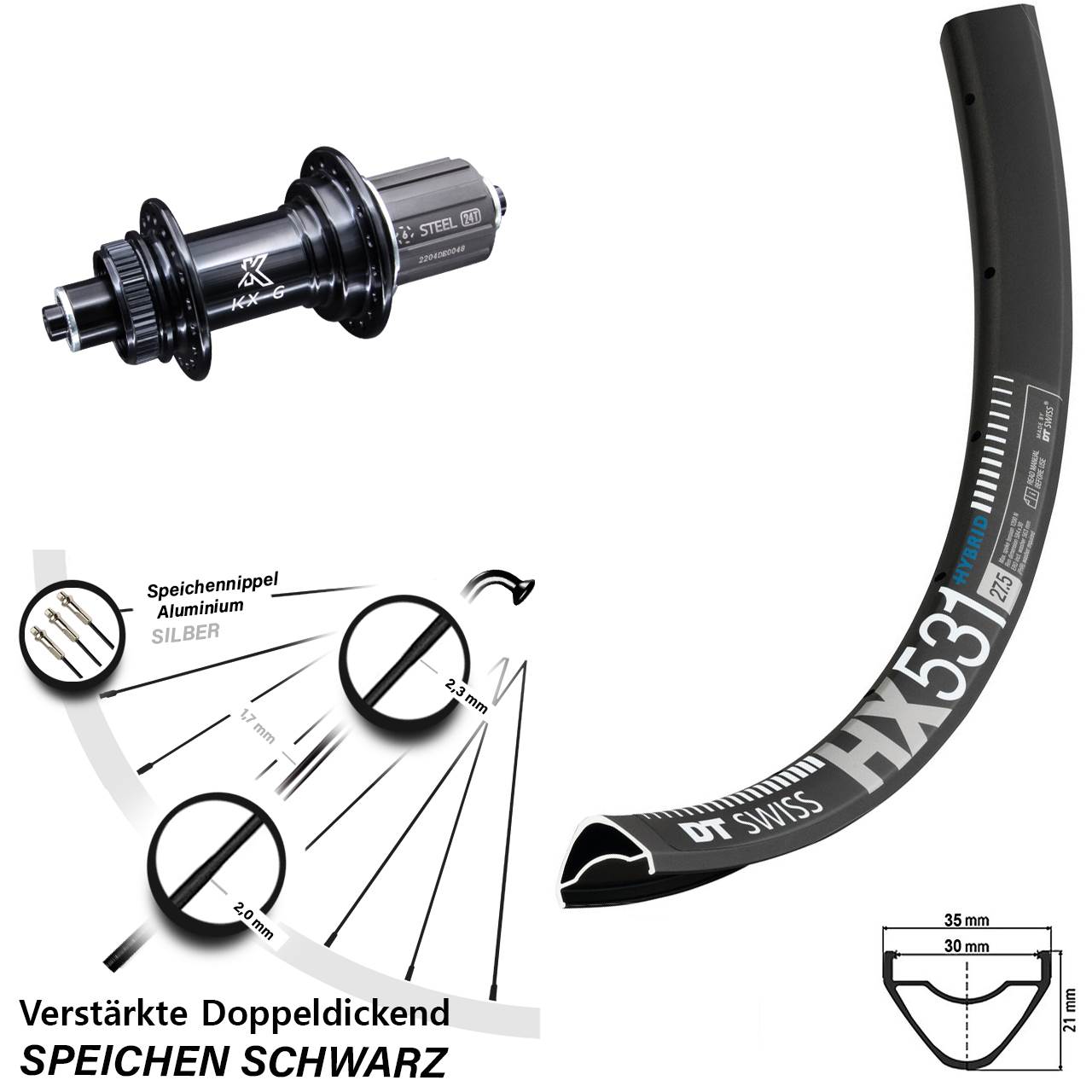 DT Swiss HX531 KX-GS 29 Zoll Hinterrad Centerlock Schnellspanner 8-12 fach HG