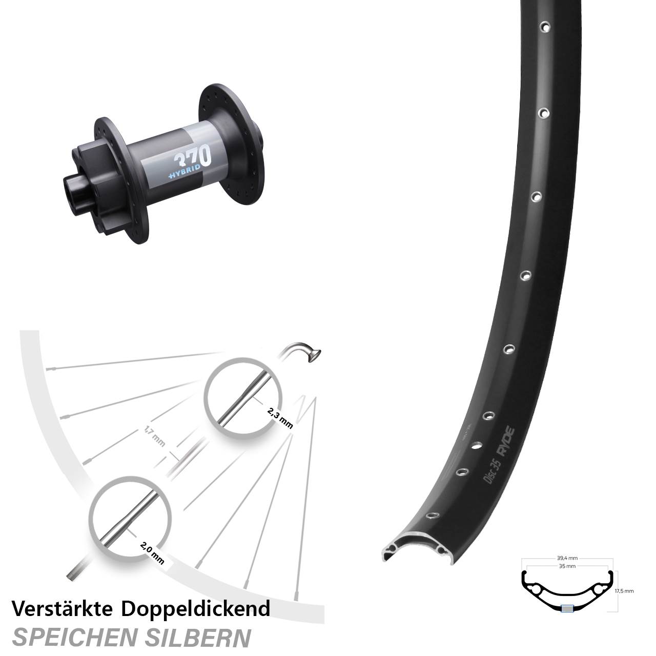 Boost Vorderrad 15x110 29 Zoll Ryde Disc 35 DT Swiss Hybrid 370