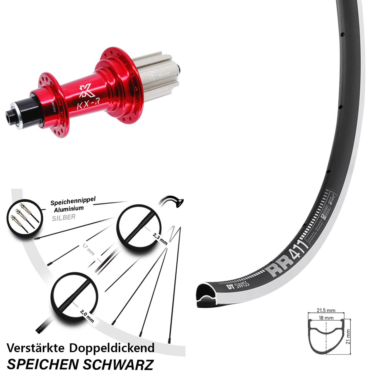 DT Swiss RR411 OS KX-R rot 28 Zoll Hinterrad für Schnellspanner Campa 8-12 fach