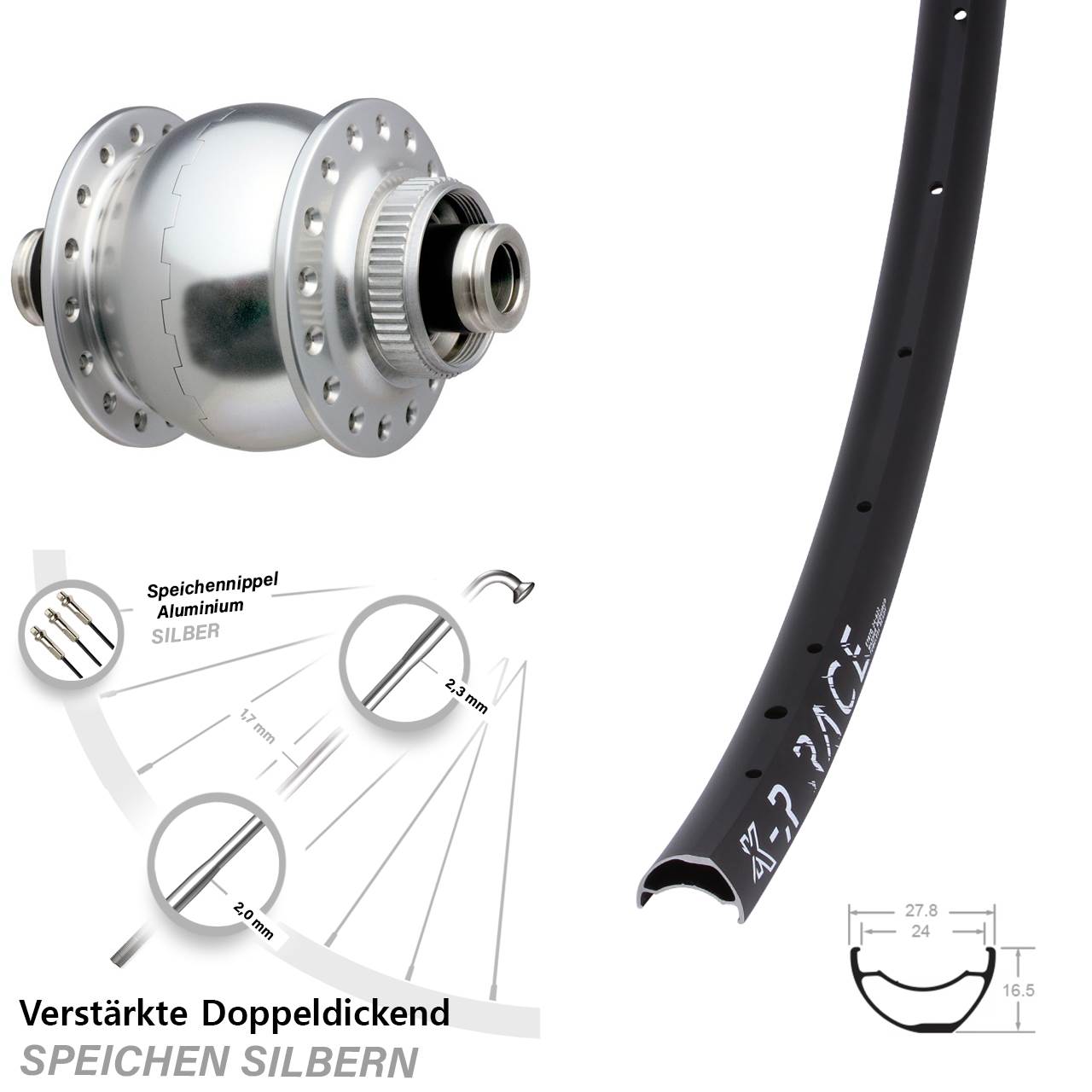 28-29 Zoll KX-R Race SON 28 silbern Dynamo-Vorderrad Centerlock 12x100