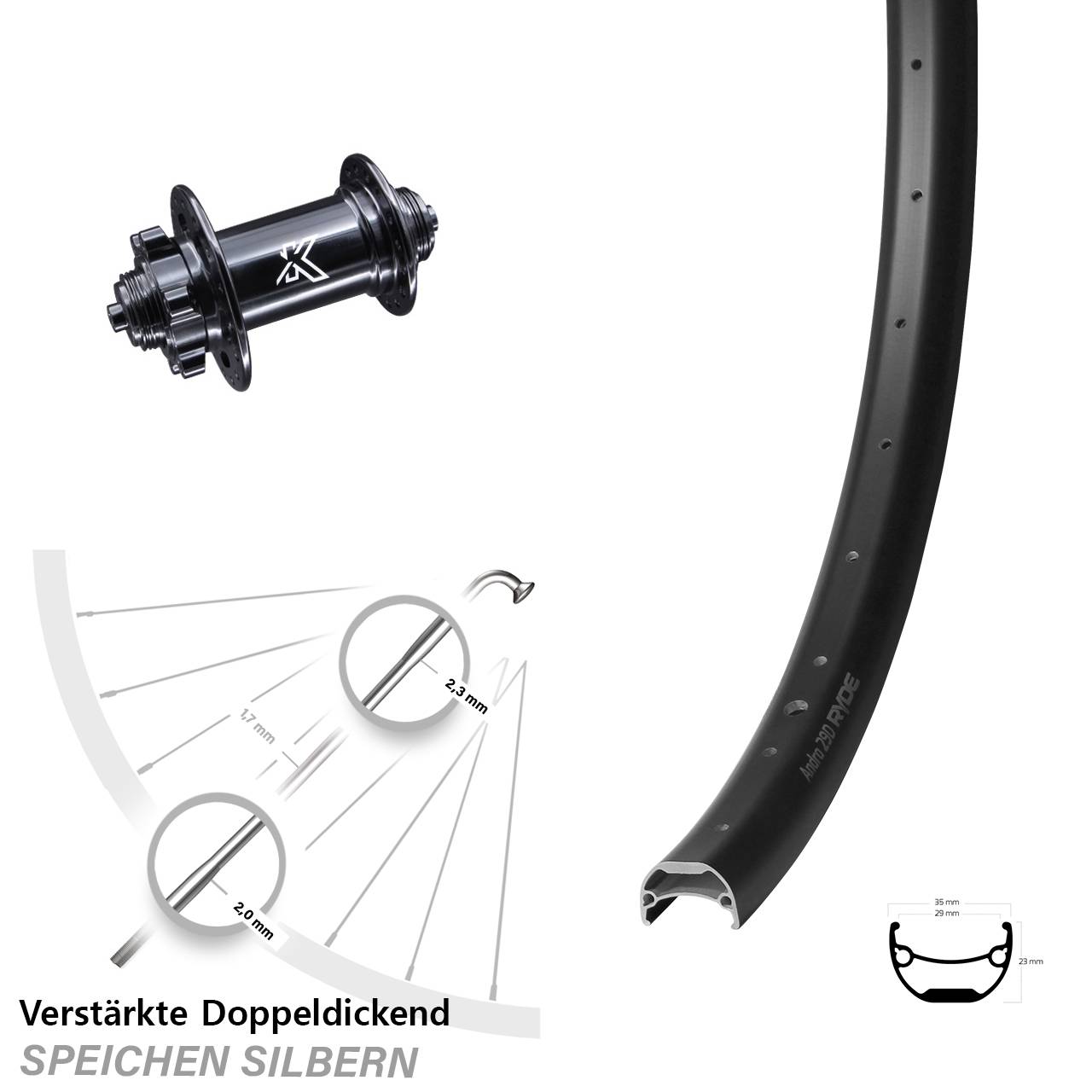 29 Zoll Vorderrad breite Felge Ryde Andra 29-622 ETRTO Lastenrad KX-M 6-Loch QR Nabe