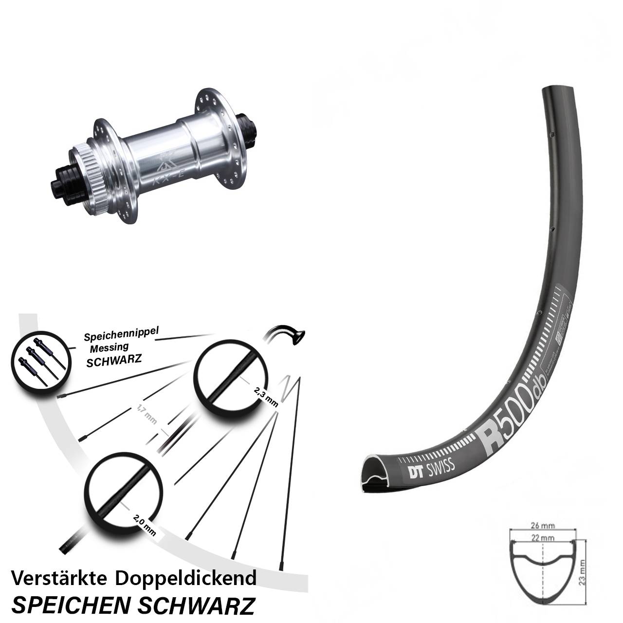 Disc DT Swiss R 500 Vorderrad 28 Zoll verstärkt KX-E silbern-eloxiert 5x100 mm Centerlock