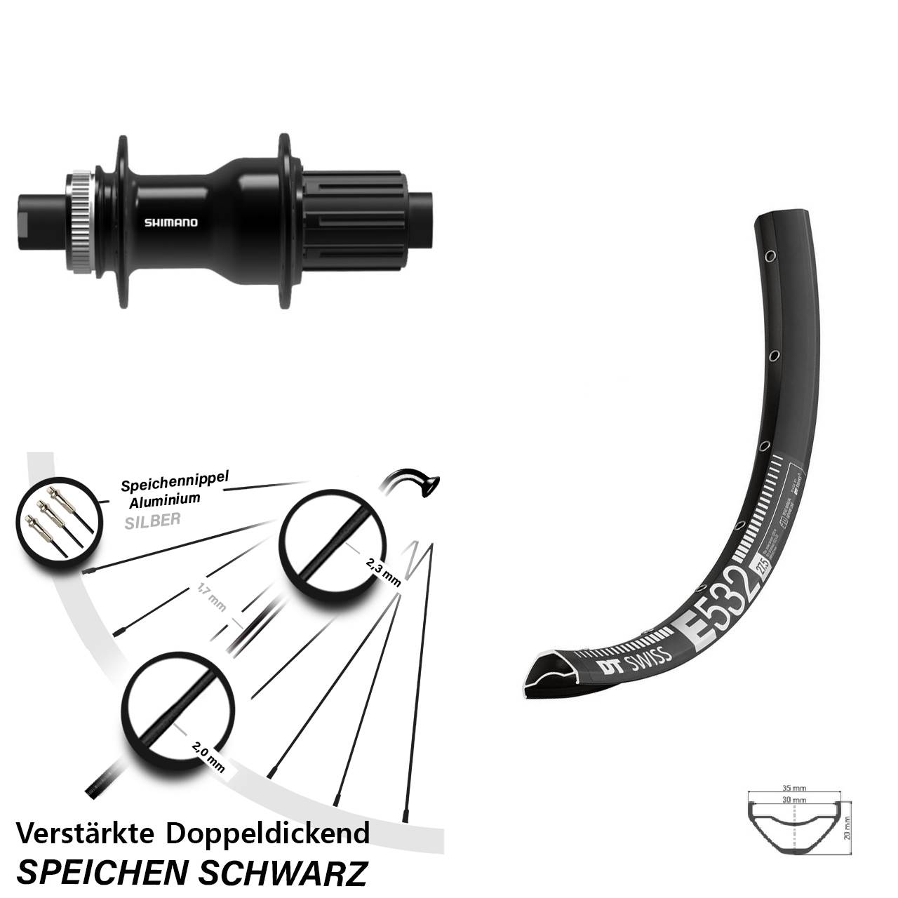 29 Zoll DT Swiss E 532 Shimano FH-TC500-B Hinterrad Centerlock 12x148 Boost 8-11 fach HG
