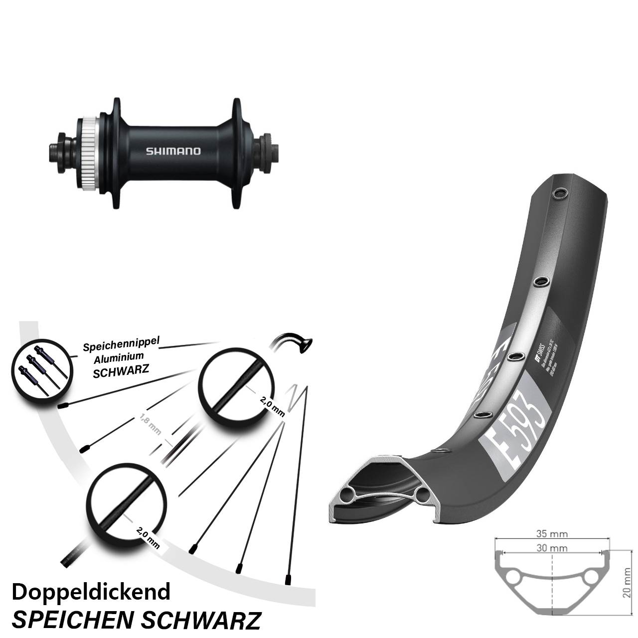 Centerlock Vorderrad 29 Zoll DT Swiss E593 Shimano Alivio für Schnellspanner