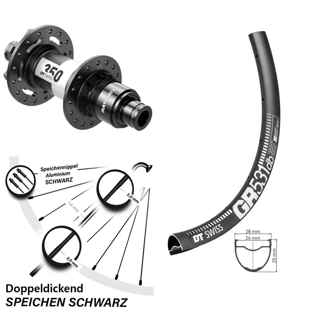 DT Swiss GR531-350 Ratchet 36 28-29 Zoll Hinterrad 6-Loch 12x142 XD
