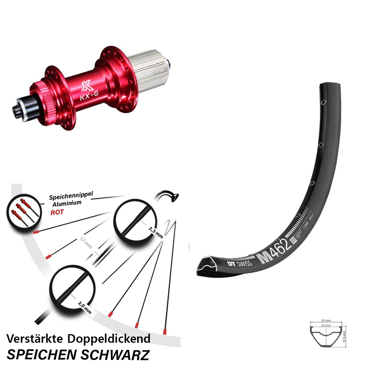 DT Swiss M 462 KX-G rot 27,5 Zoll Centerlock Hinterrad für Schnellspanner 8-12 fach HG