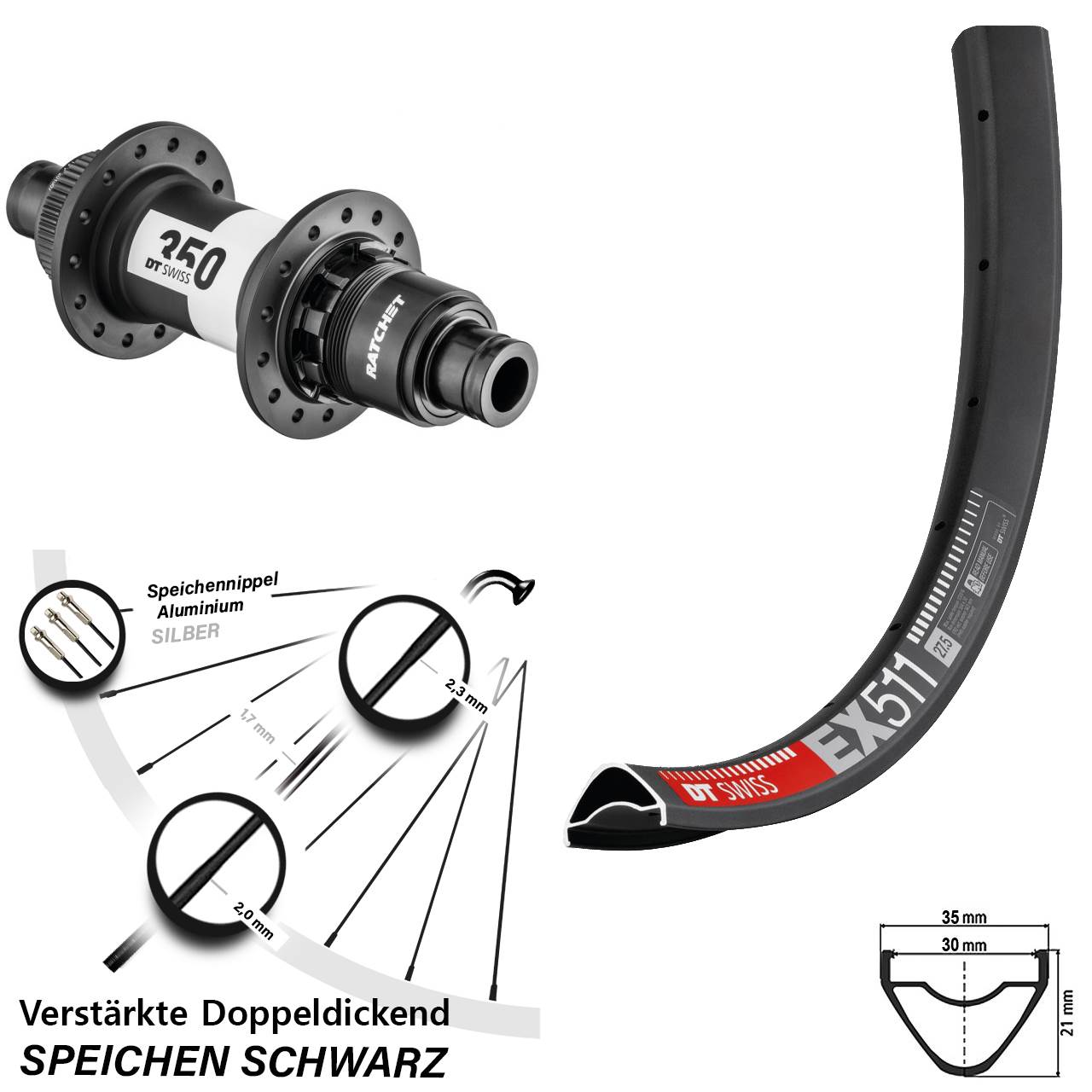 27,5 Zoll DT Swiss EX511-350 Boost Centerlock Hinterrad 12x148 SRAM XD