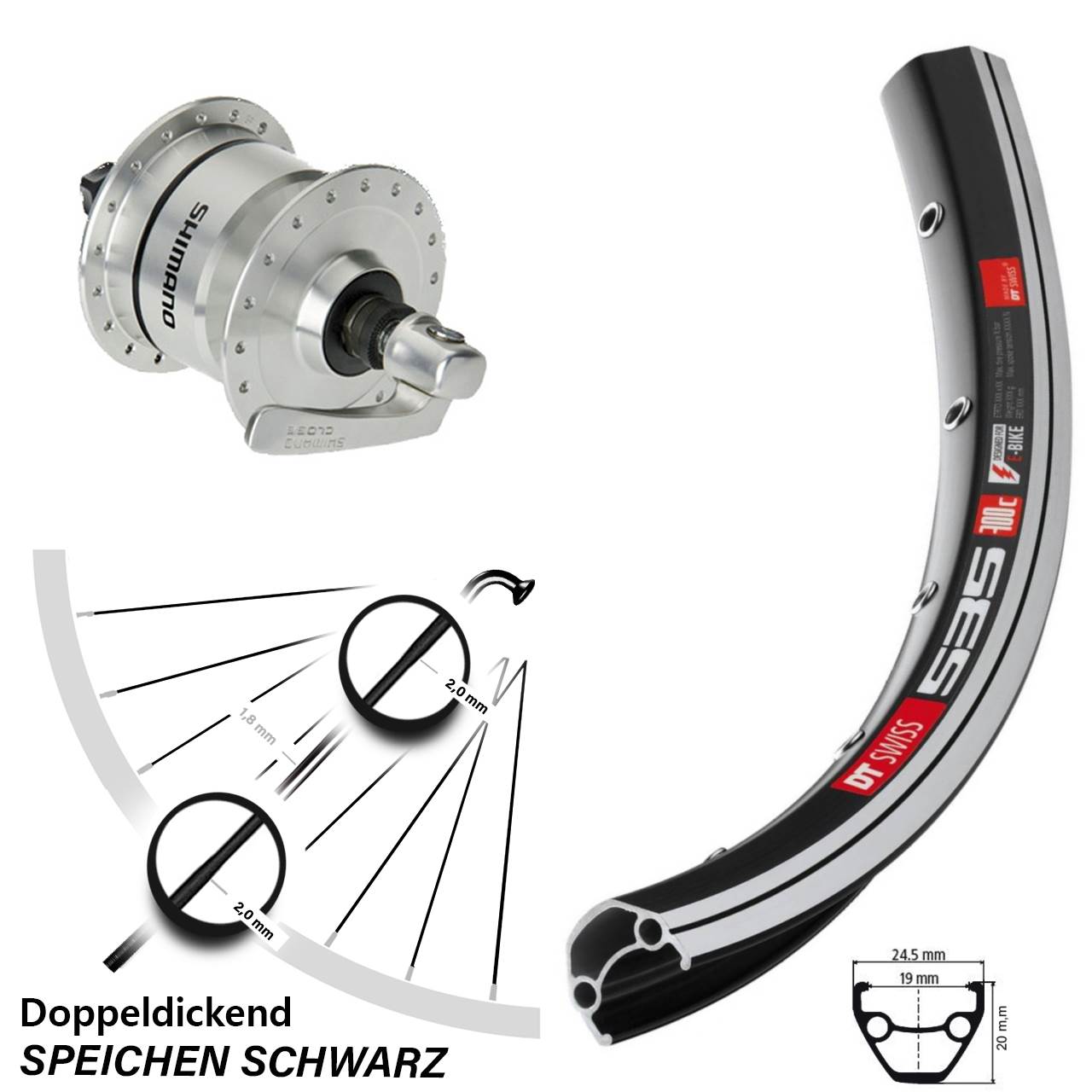 Vorderrad mit Nabendynamo 26 Zoll DT Swiss 535 Shimano DH3N72 für Schnellspanner