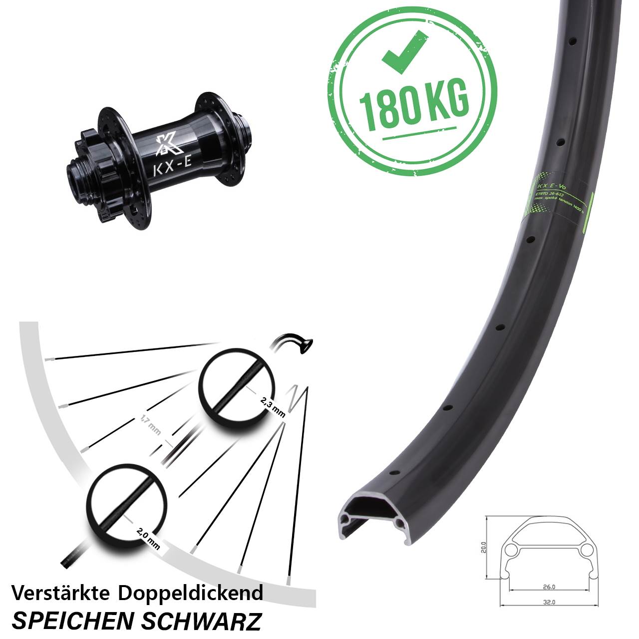 KX-Evo Vorderrad 20 Zoll Lastenrad 15x100 mm 6-Loch Nabe verstärkt