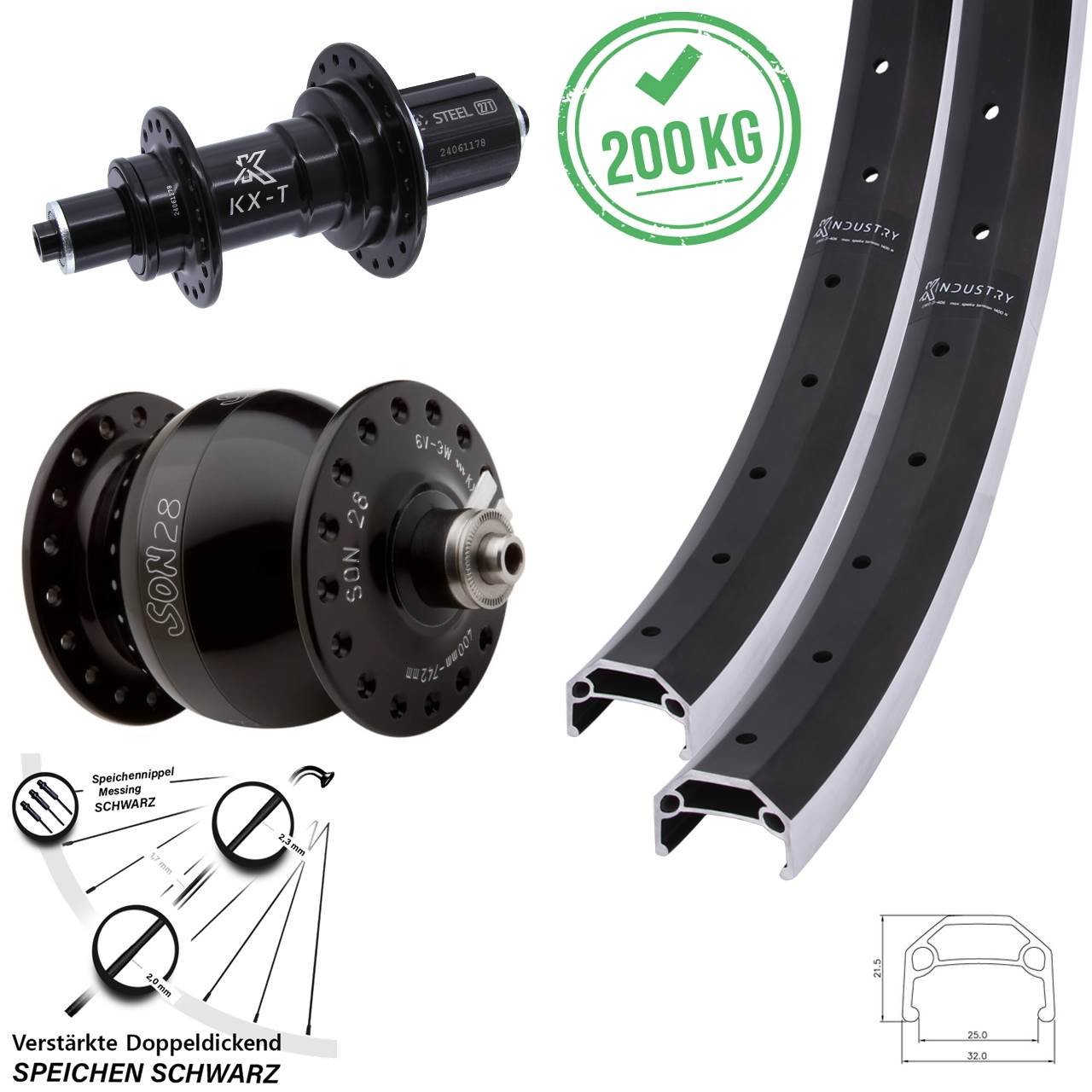 26 Zoll KX-TS Industry Heavy Duty SON 28 Laufrad-Satz für Schnellspanner 8-12 fach