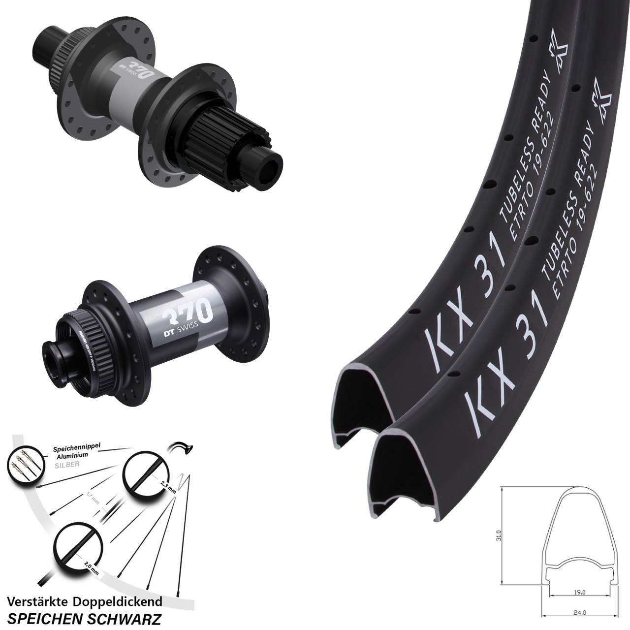 28 Zoll KX 31 DT Swiss 370 Centerlock Laufradsatz 15x100 12x142 Shimano Micro Spline