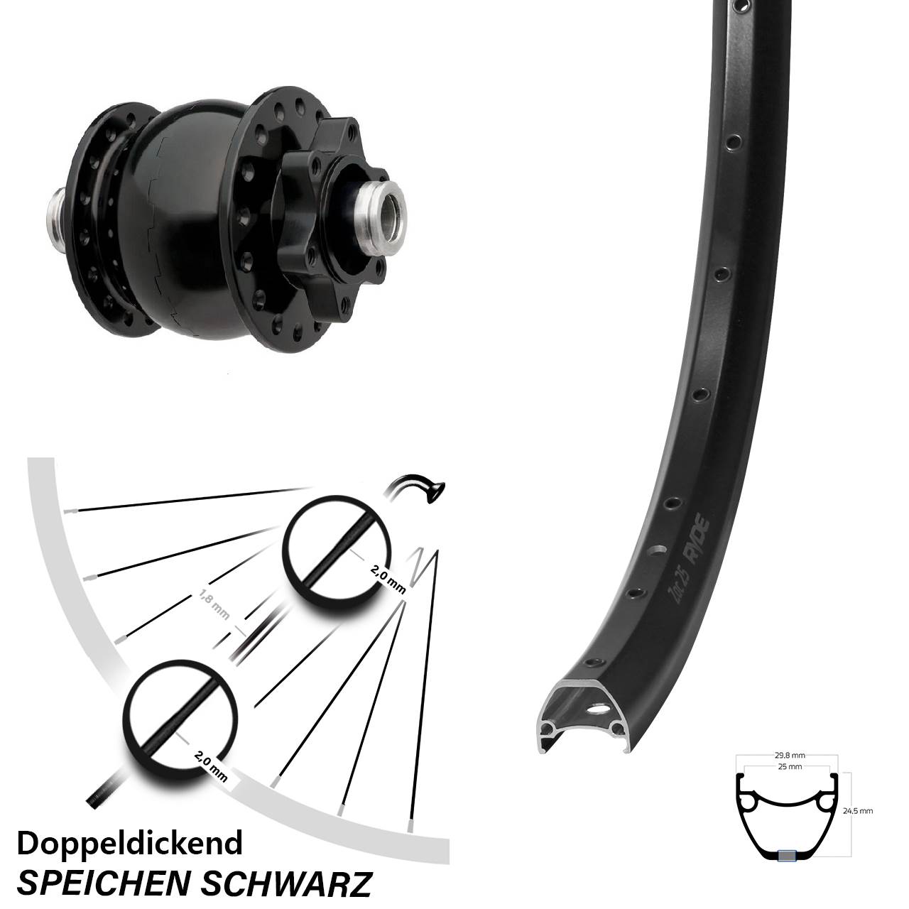 6-Loch Vorderrad mit Nabendynamo 12x100 28-29 Zoll Ryde ZAC 25 SON 28