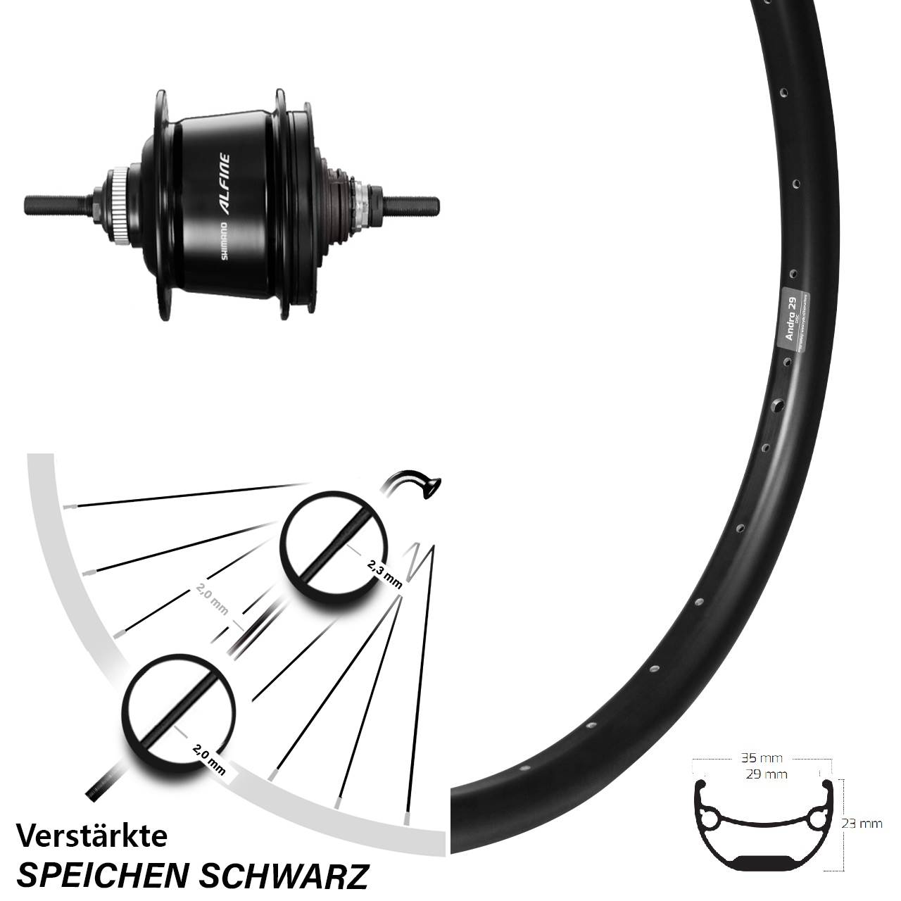 27,5 Zoll Hinterrad Ryde Andra 29 Disc mit 8-Gang Shimano Alfine schwarz