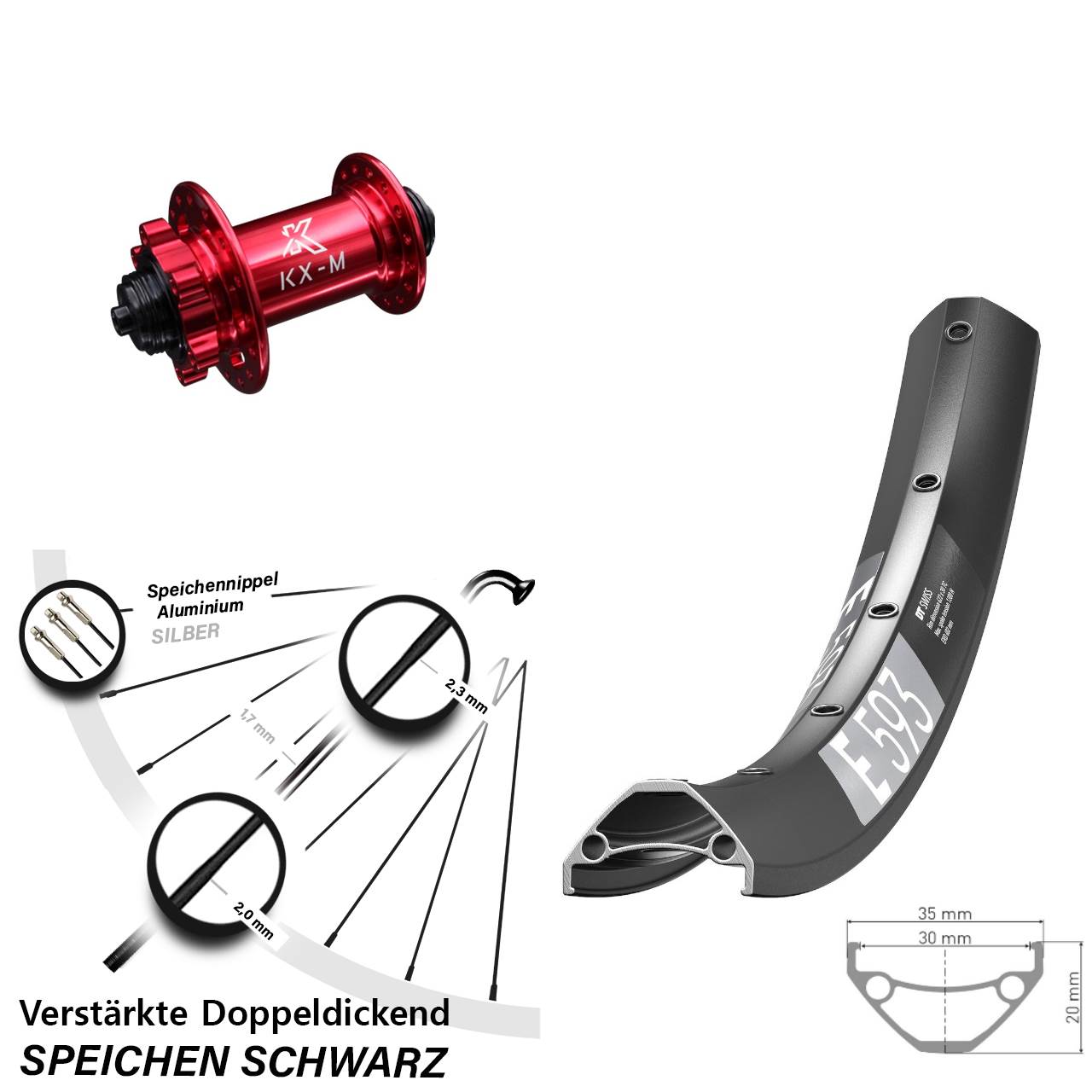 DT Swiss E593 KX-M rot 27,5 Zoll Disc Vorderrad für Schnellspanner