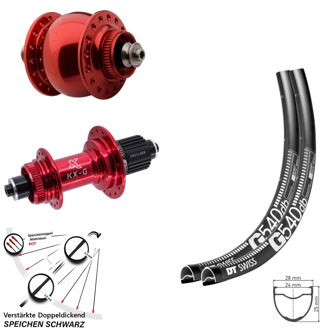 28 Zoll DT Swiss G540 KX-G SON delux rot Centerlock Laufradsatz QR Micro Spline