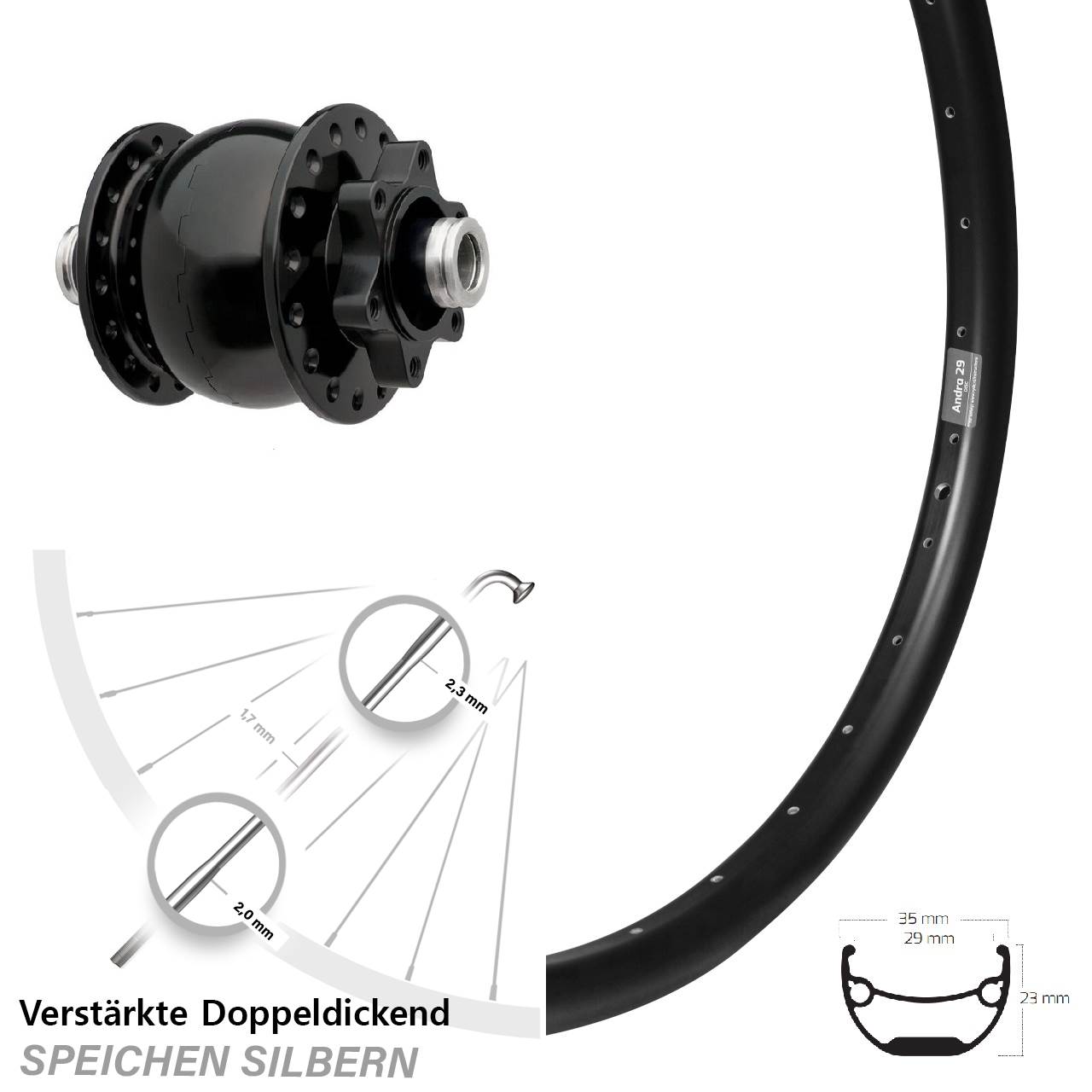 Nabendynamovorderrad 6-Loch 12x100 Ryde Andra 29 Zoll SON 28