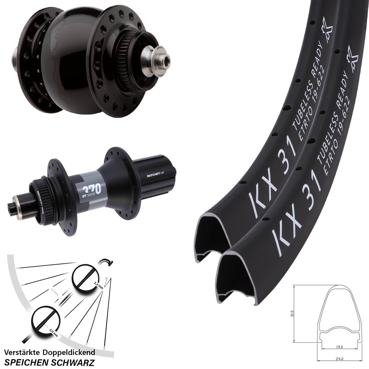 Centerlock Laufradsatz 28 Zoll KX 31 DT Swiss 370 SON 28 8-12 fach für Schnellspanner