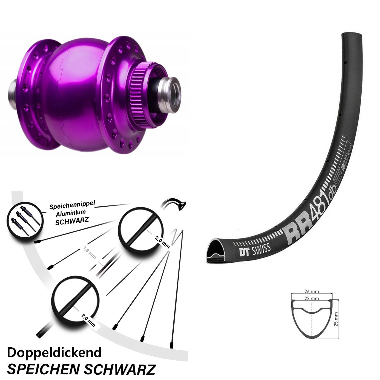 Laufrad 28 Zoll DT Swiss RR 481 Disc SON 28-12x100 Centerlock violett