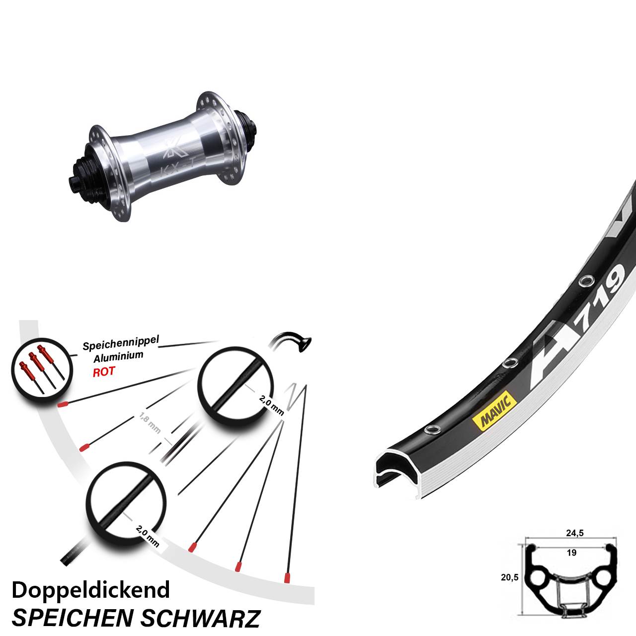 KX-T silbern Mavic A 719 Vorderrad 28 Zoll Schnellspanner Felgenbremse