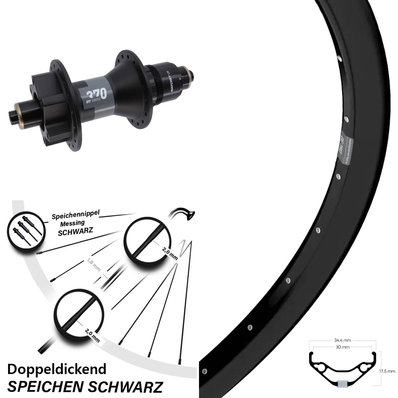 27,5 Zoll Hinterrad Ryde Disc 30 DT Swiss 370 XD schwarz