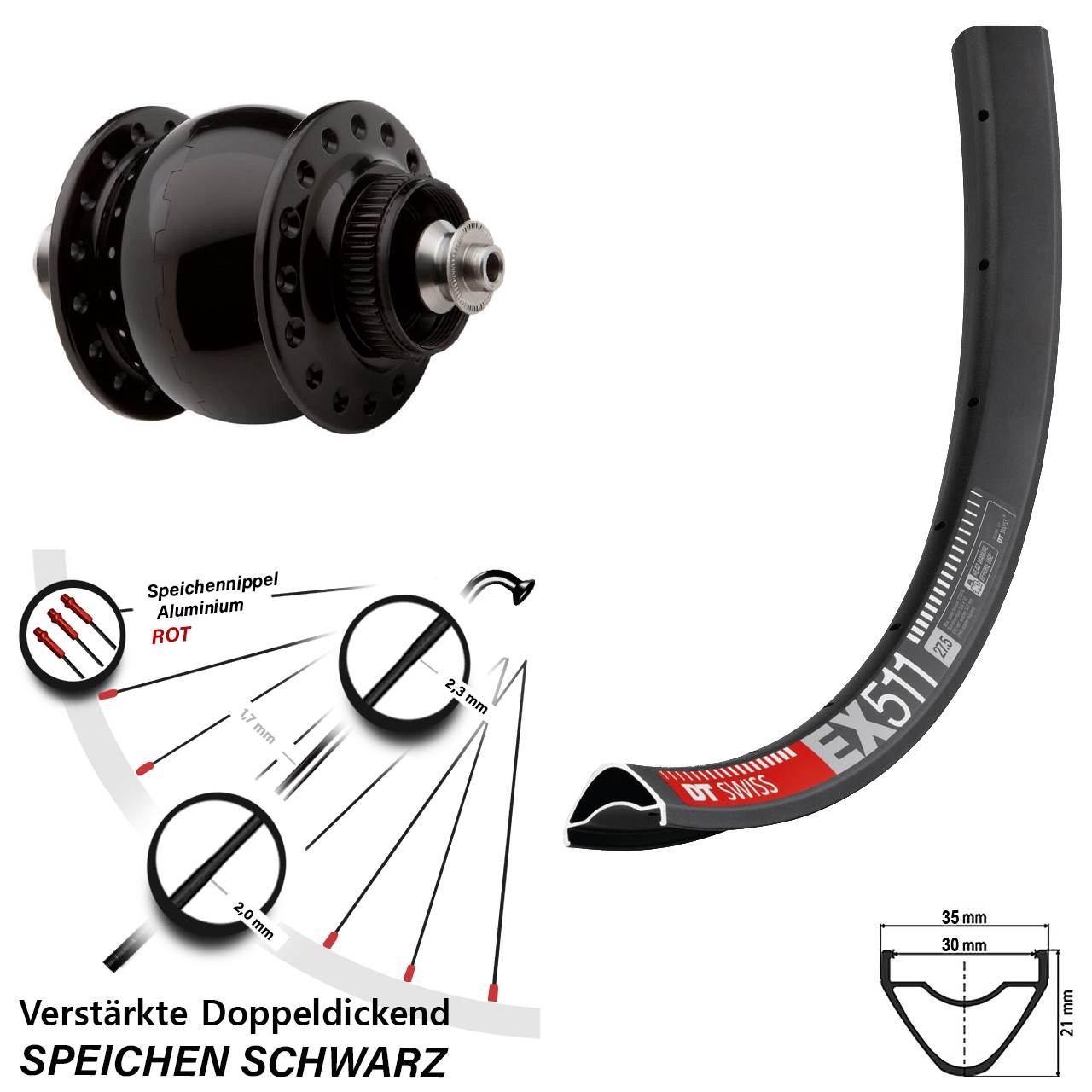 29 Zoll DT Swiss EX 511 SON 28 Dynamo-Vorderrad Centerlock QR