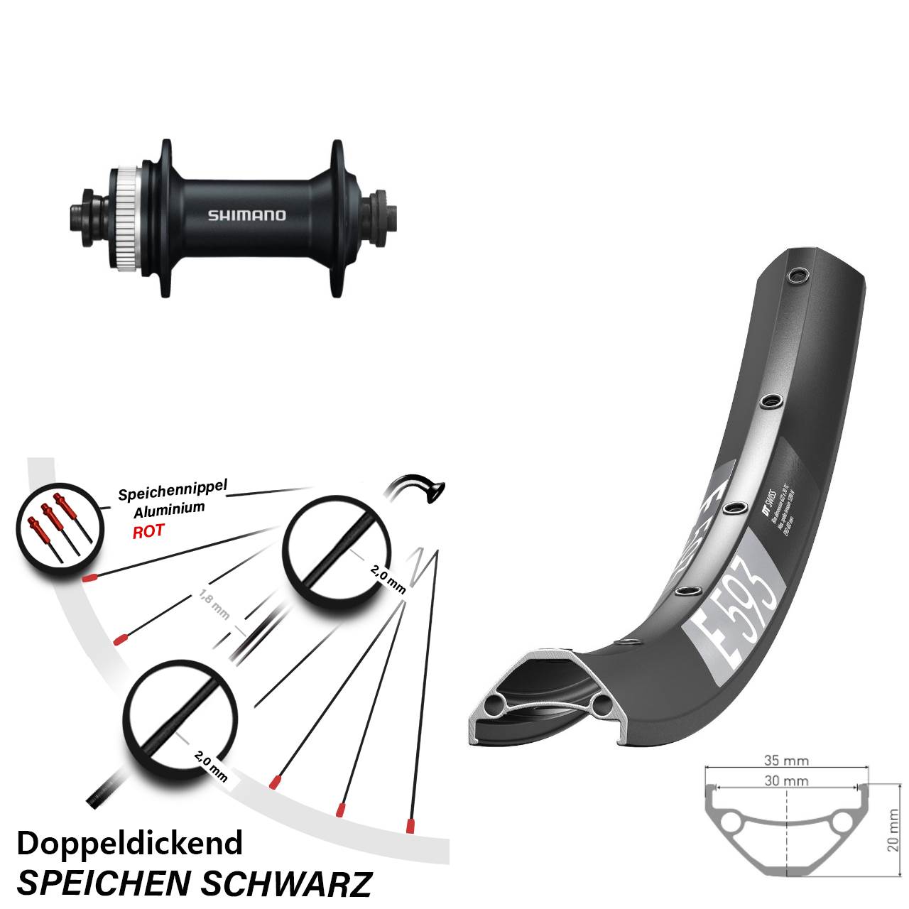 Centerlock Vorderrad 29 Zoll DT Swiss E593 Shimano Alivio für Schnellspanner