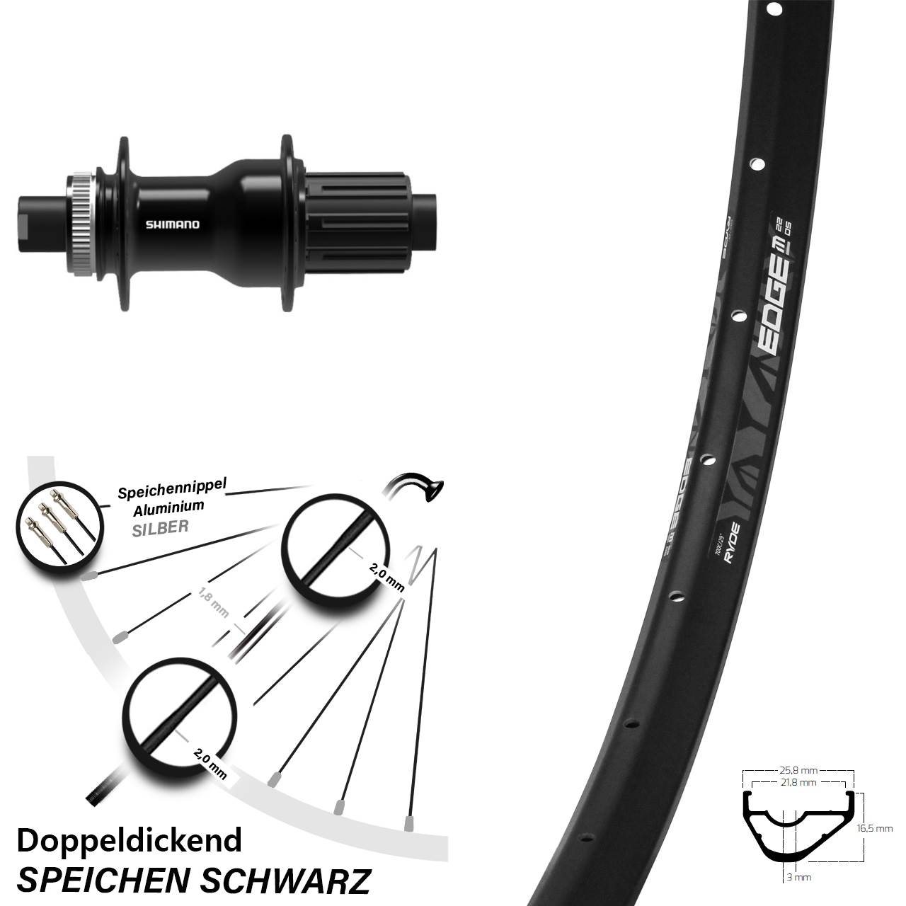 Ryde Edge M22 OS Disc Shimano TC500 Boost 29 Zoll Hinterrad schwarz