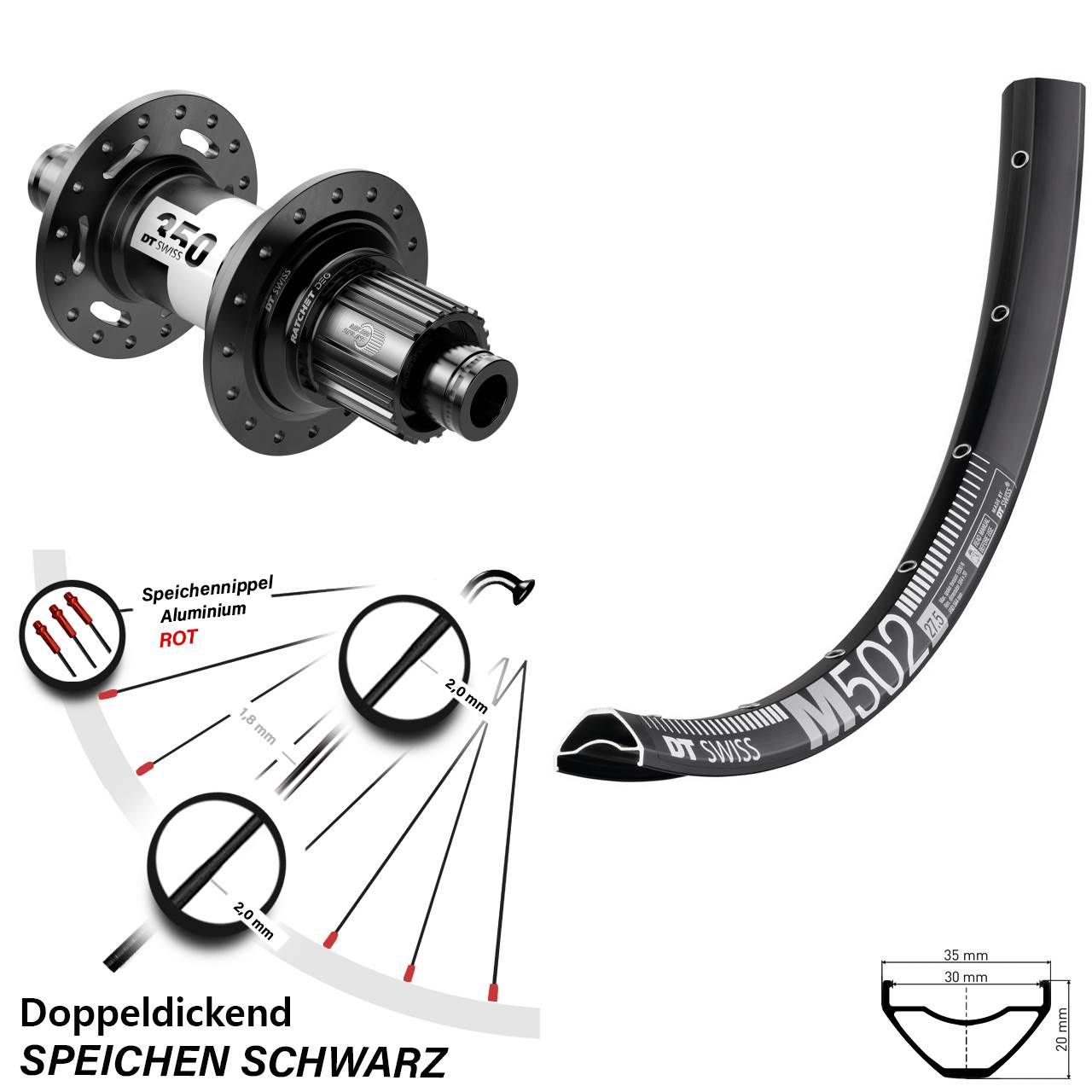 Centerlock Hinterrad 29 Zoll DT Swiss M 502-350 DEG72 Shimano Micro Spline 12x148