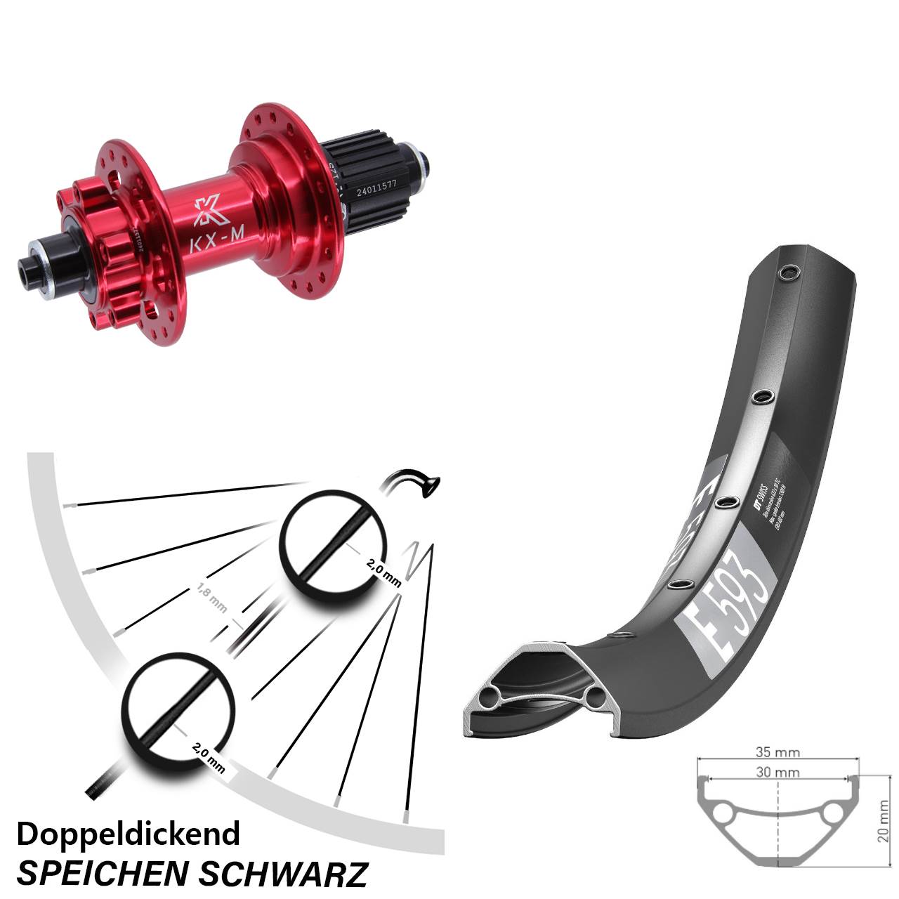 27,5 Zoll DT Swiss E593 KX-M rot Hinterrad 6-Loch für Schnellspanner Micro Spline