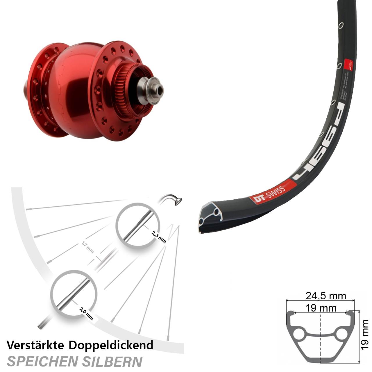 Centerlock Dynamo-Vorderrad für Schnellspanner 29 Zoll DT Swiss 466d SON 28 rot