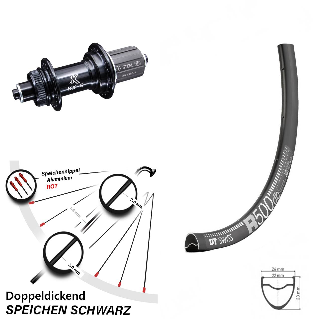 DT Swiss R500 28 Zoll Hinterrad KX-GS 8-12 fach