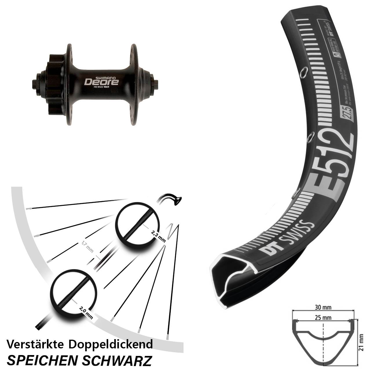 Vorderrad 6-Loch für Schnellspanner 650B DT Swiss E 512 Shimano Deore