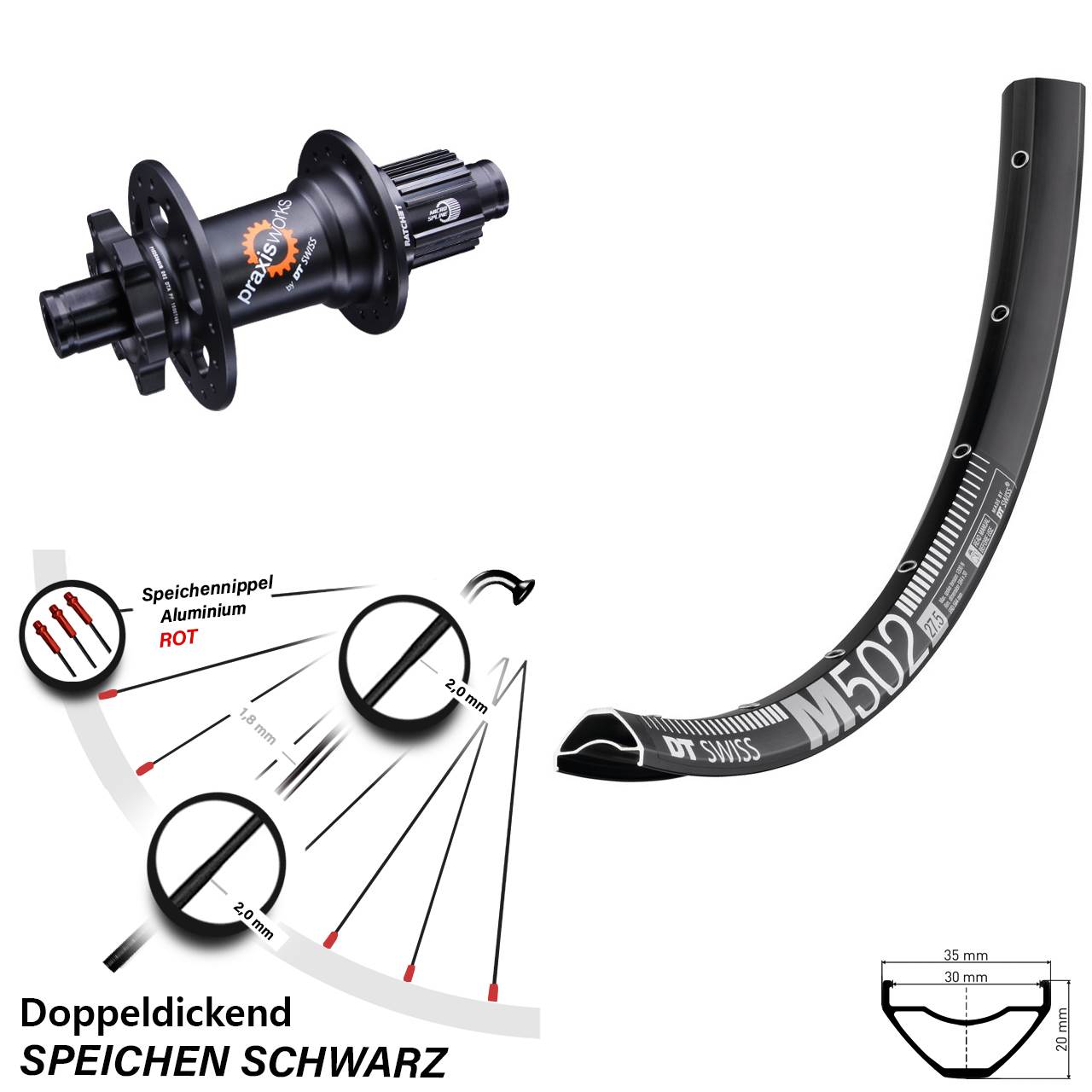 Hinterrad 6-Loch 27,5 Zoll DT Swiss M 502-350 Micro Spline 12x142