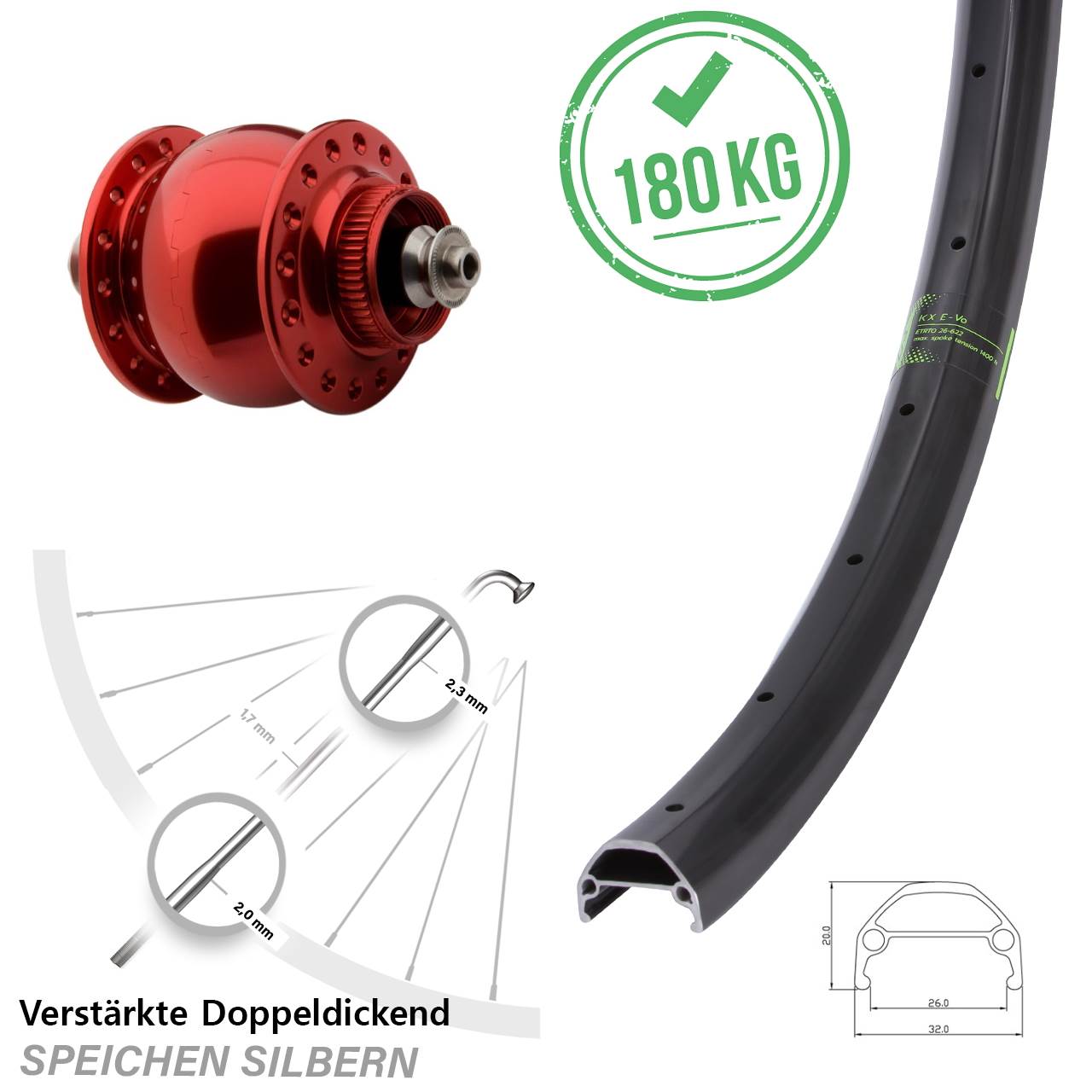 SON 28 rot KX Evo Centerl. 27,5 Zoll Dynamovorderrad für Schnellspanner