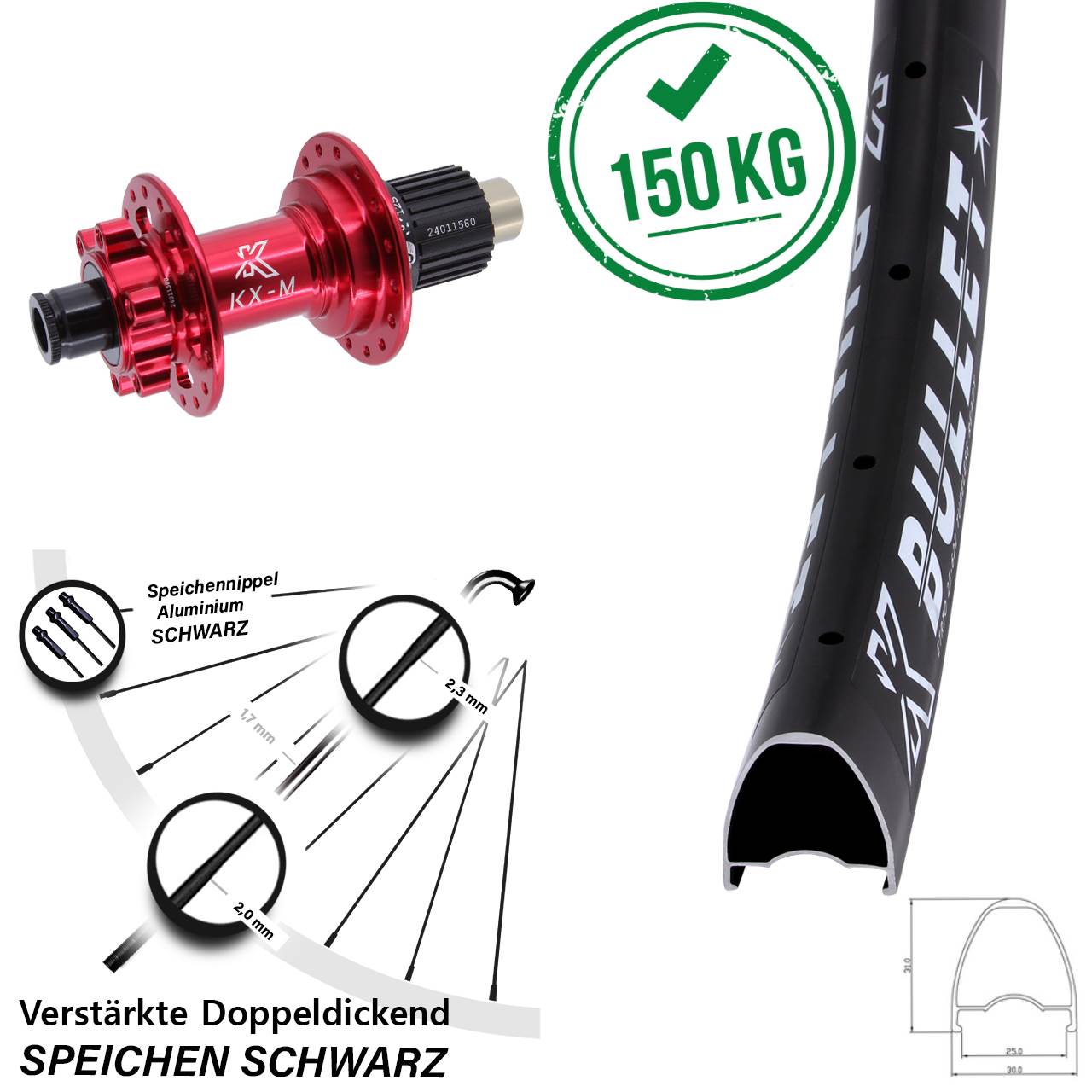 KX-M Bullet rot 28-29 Zoll Disc Laufrad 12x142 Shimano Micro Spline