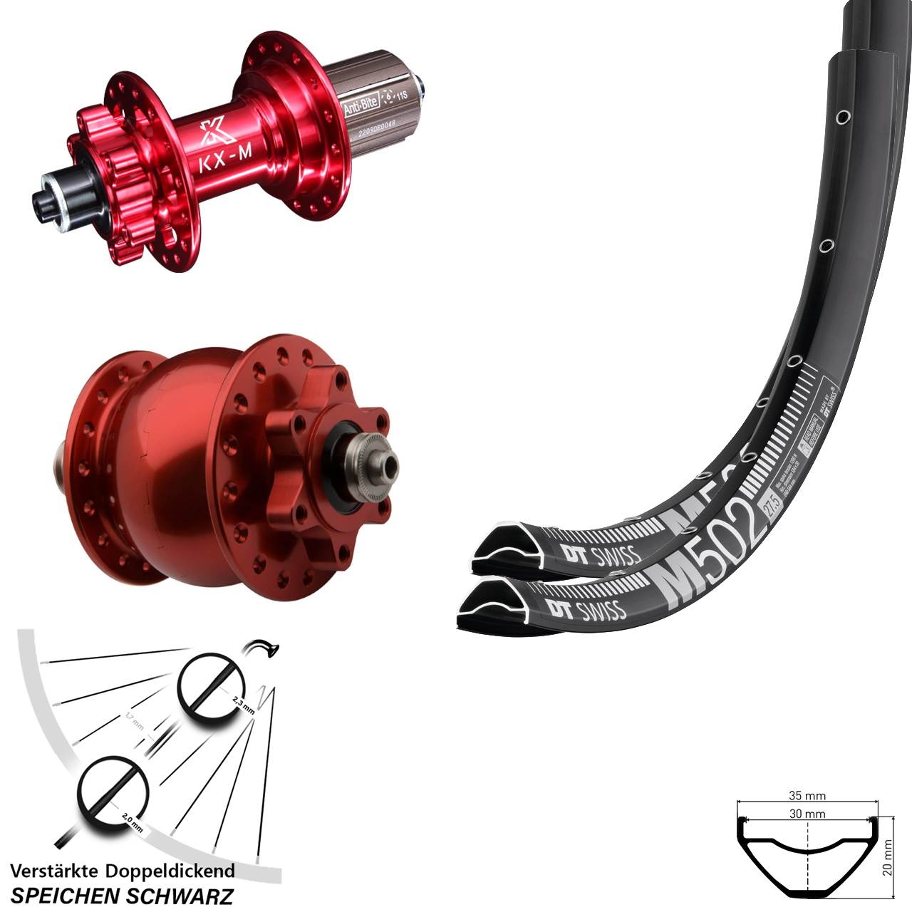 DT Swiss M502 KX-M rot SON 28 27,5 Zoll Laufradsatz 6-Loch QR 8-12 fach HG