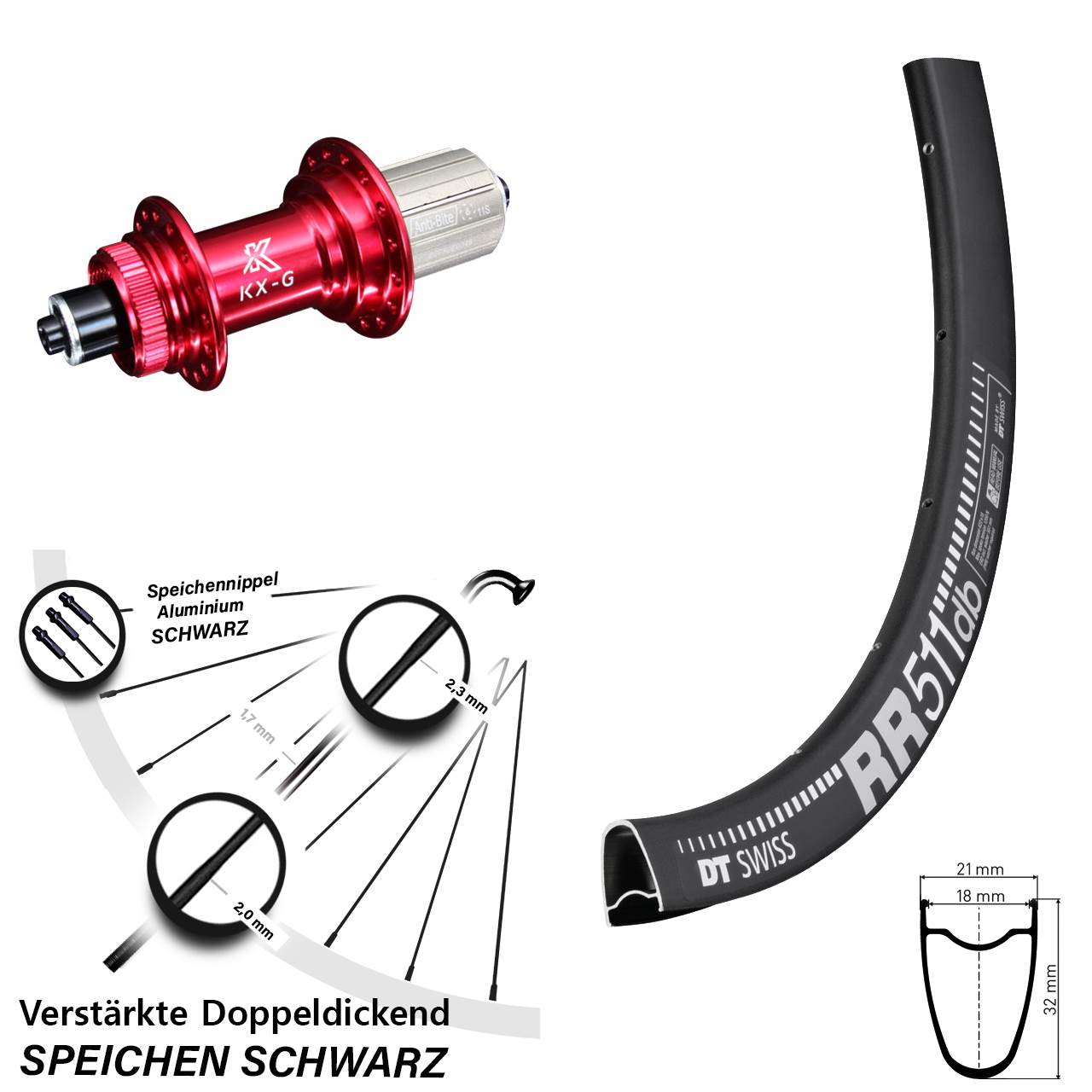 Centerlock Hinterrad 28 Zoll DT Swiss RR511 KX-G rot 8-12 fach HG QR