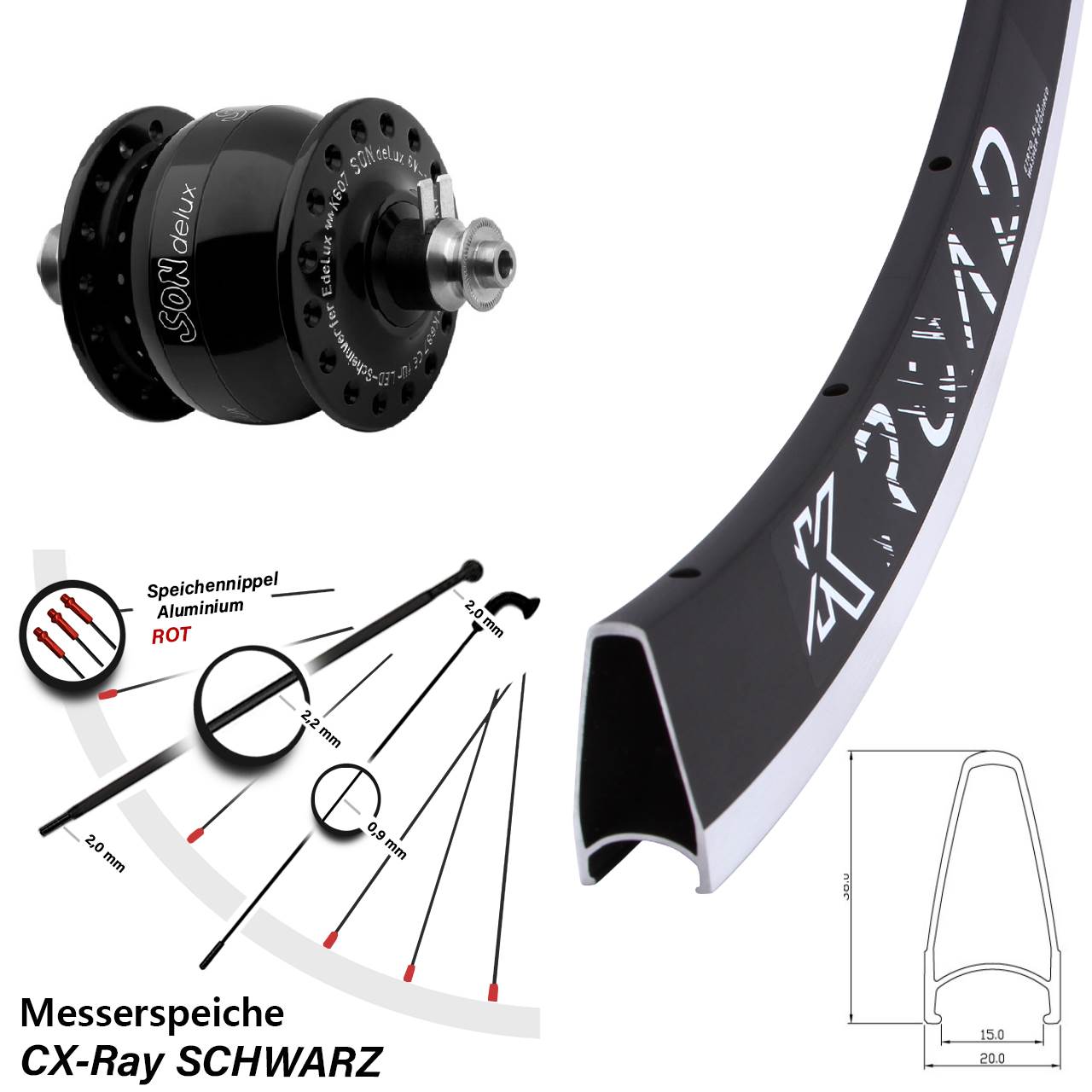 Vorderrad Dynamo SONdelux schwarz KX Road QR 24x CX-Ray Messerspeiche