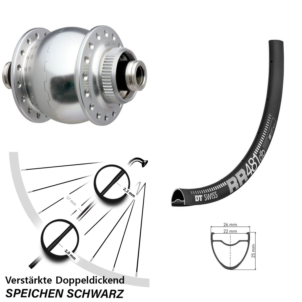 28 Zoll DT Swiss RR481 SONdelux silbern Disc Nabendynamovorderrad 12x100
