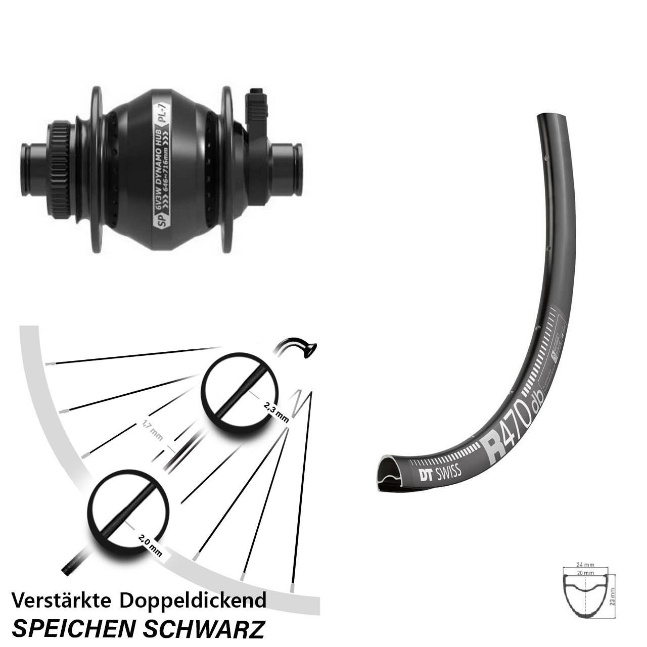 Nabendynamovorderrad Centerlock 12x100 28 Zoll DT Swiss R470 Shutter Precision PL-7