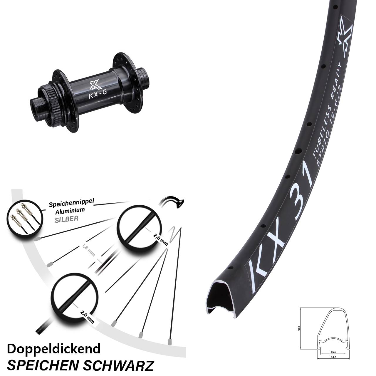 Centerlock Vorderrad 15x100 28 Zoll KX-G 31 Offset