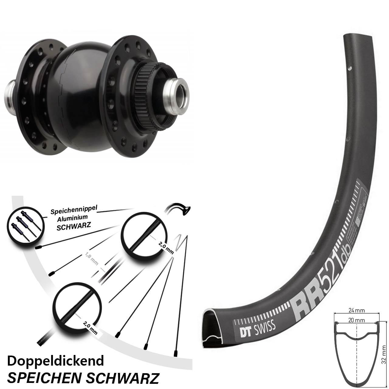 28 Zoll Nabendynamo Vorderrad DT Swiss RR 521 SON 28-12-110 Centerlock